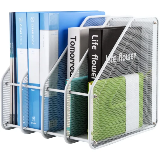 Unyqoos Stijlvolle Witte Tijdschriftenhouder van Metaal met Vier Vakken voor Bureauorganisatie grijs
