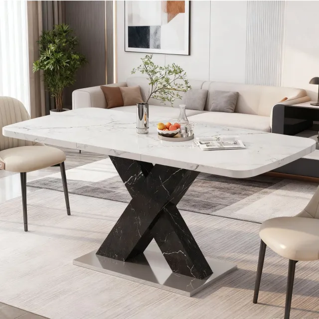 Wishdor Uitschuifbare rechthoekige eettafel - modern - wit marmerlook - zwart - x-poot - 160 cm Wit + zwart