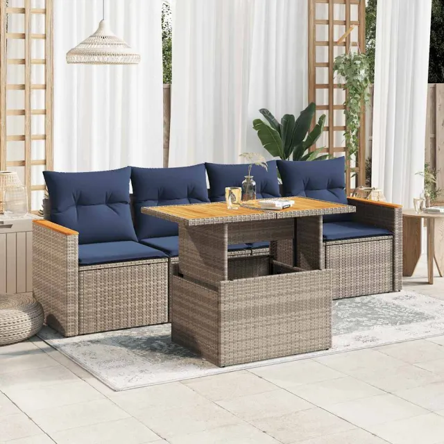 vidaXL 5-delige Loungeset met kussens poly rattan acacia grijs, foto 2