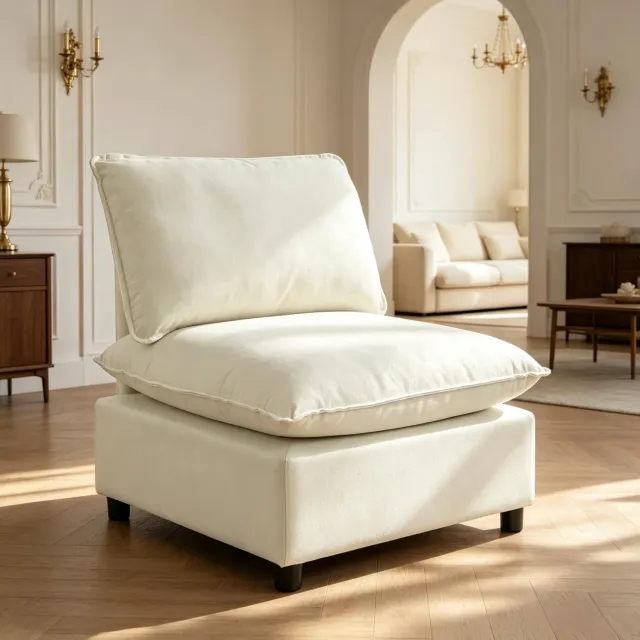 Wishdor Fauteuil zonder armleuningen - Ruime zitting met dikke kussens - Niet verstelbaar - Moderne stijl - Woonkamer kantoor studio - Stof - Crème - 74 x 85 x 78 cm