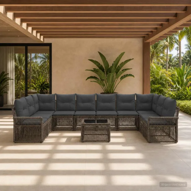 vidaXL Tuinbankenset 11 st 10-zits Grijs poly rattan