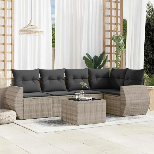 vidaXL 6-delige Loungeset met kussens poly rattan lichtgrijs grijs, foto 2