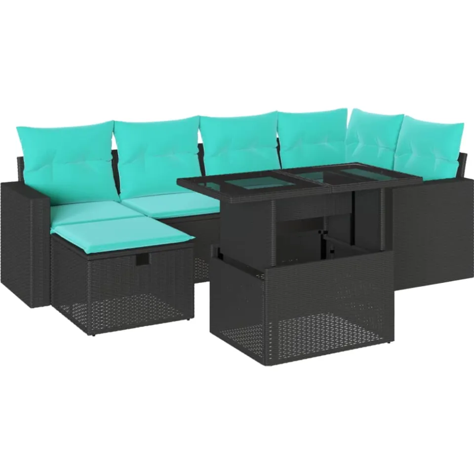 vidaXL 7-delige tuinbankset met kussens van zwart polyrotan, foto 3