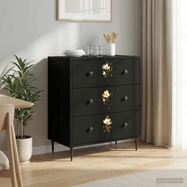 vidaXL Ladekast BREMEN Magnolia print 66 x 36,5 x 76 cm Bewerkt hout Zwart