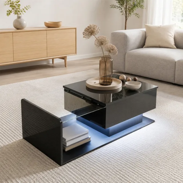 Maisentiel Salontafel 100 x 50 cm – in hoogte verstelbaar met LED en glazen blad, zwart