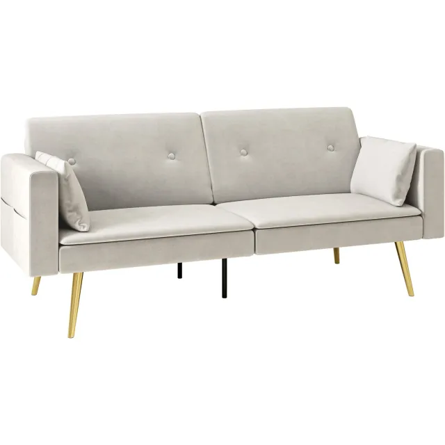 Lunpog 2-zits Bank - Slaapbank - Verstelbare rugleuning - Gouden poten - met Kussens - Beige