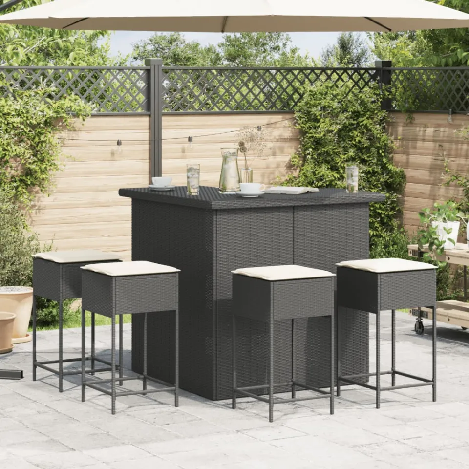 vidaXL 5-delige Tuinbarset met kussens poly rattan zwart, foto 3