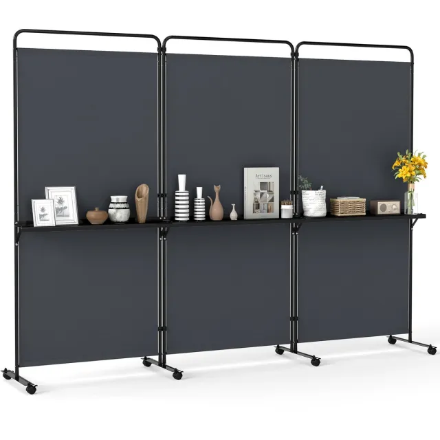 Costway Paravent ruimteverdeler op wielen, opvouwbare scheidingswand, 3-delig, met 3 planken en metalen frame, inkijkbescherming voor kantoor, woonkamer, slaapkamer en tuin, 259 x 44 x 188 cm (grijs)