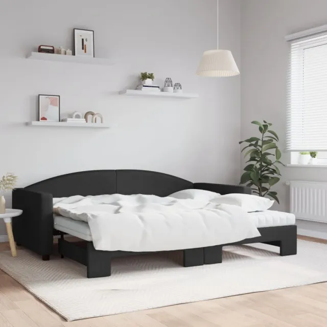vidaXL Slaapbank met onderschuifbed en matrassen 90x200 cm stof zwart