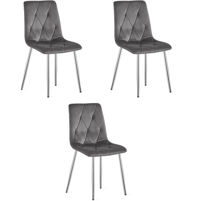 LEOBERT LIBRA Eetkamerstoelen – Set van 3 – Grijs Velvet – Metalen Poten – Comfortabele Gestoffeerde Zitting – Modern Design – Velvet Stoel voor Woonkamer, Keuken en Eetkamer – Max. 110 kg per Stoel