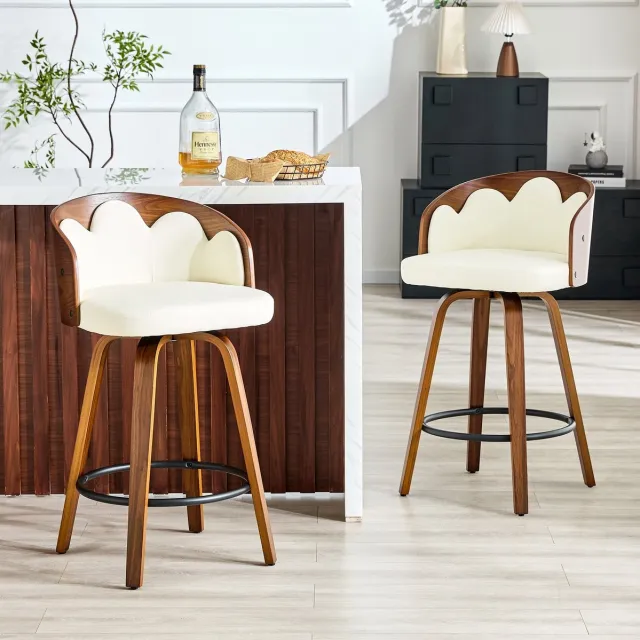 FloraGrace Barkruk - Bloemvormige Rugleuning - Set Van 2 - Kunstleer En Gebogen Hout - Modern - Wit - Voor Keukeneiland En Bar