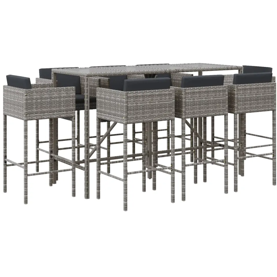 vidaXL 9-delige Tuinbarset met kussens poly rattan grijs, foto 3