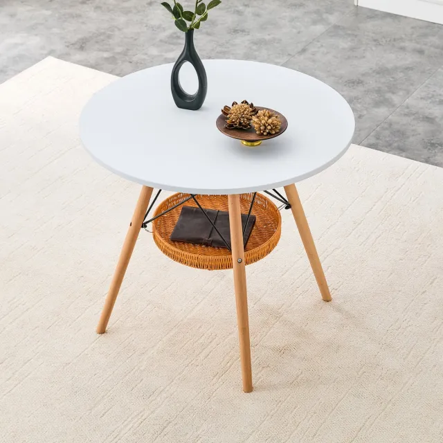 MEUNIQ ronde eettafel 80 cm met wit MDF tafelblad, houten poten en gevlochten opbergmand, 2 tot 4 personen, voor eetkamer, balkon of woonkamer