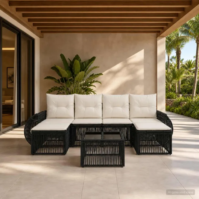 vidaXL Tuinbankenset 7 st Zwart en Cream Wit poly rattan, foto 2
