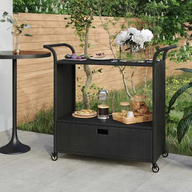 vidaXL Serveerwagen met lade 100x45x97 cm poly rattan zwart, foto 2