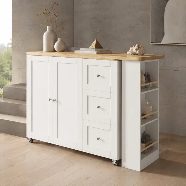Maisentiel Draaibare bartafel met 3 lades en wielen - 135-203 cm - wit