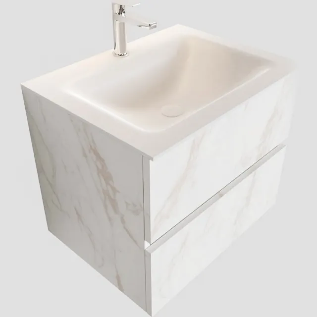 Boss & Wessing Badkamermeubel BWS Valencia Carrara Mat 60 cm Solid Surface Wastafel (1 kraangat, 2 lades)