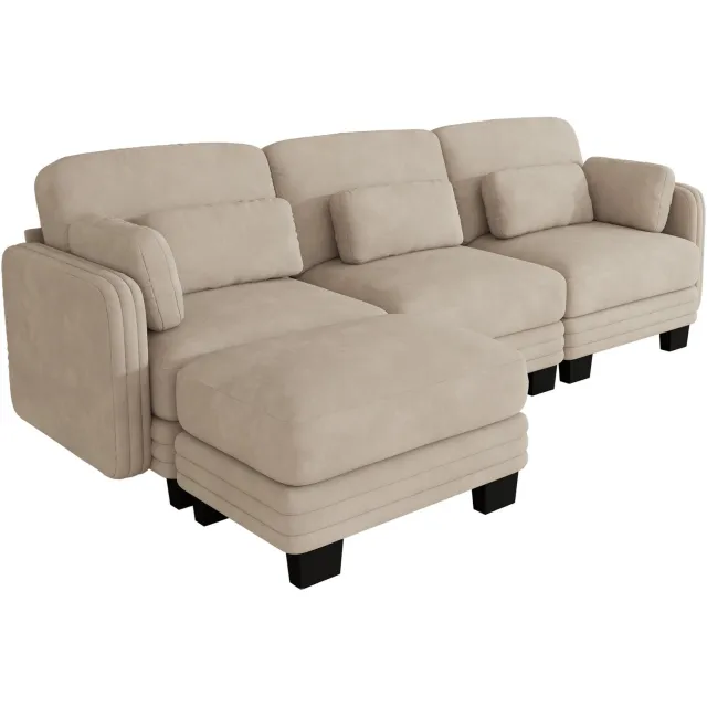 Wishdor Hoekbank 3-zits - Modulair met losse hocker - Verplaatsbare lenden- en armkussens - Ruime zitting met zakveren - Chenille - Licht koffiebruin - Woonkamer en appartement - 253 x 143 x 88 cm