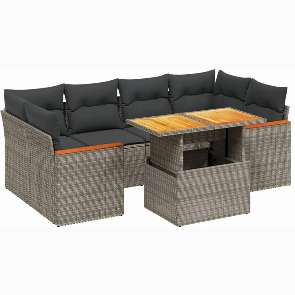 vidaXL 7-delige Loungeset met kussens poly rattan grijs, foto 3