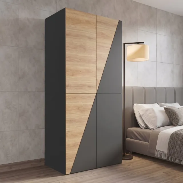 Wishdor Kledingkast met draaideuren - 1 kledingstang en broekenhouder - Opbergbox en 2 laden - Modern design - Slaapkamer woonkamer kantoor - MDF - Houtkleur en donkergrijs - 90 x 50 x 200 cm