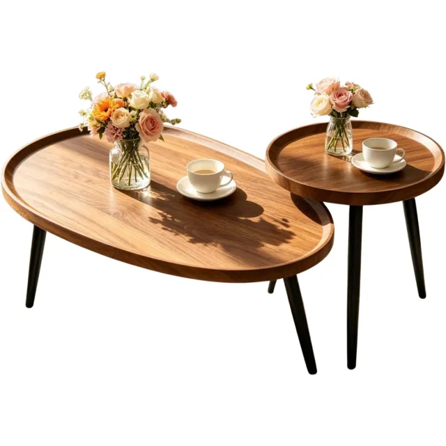 Stervia Salontafels Set Van 2 - Bijzettafels Hout - Salontafels Rond En Druppelvorm - Laadvermogen 30 KG en 50 KG - Bruin - 80x55x38cm/40x47,5 cm Zwart