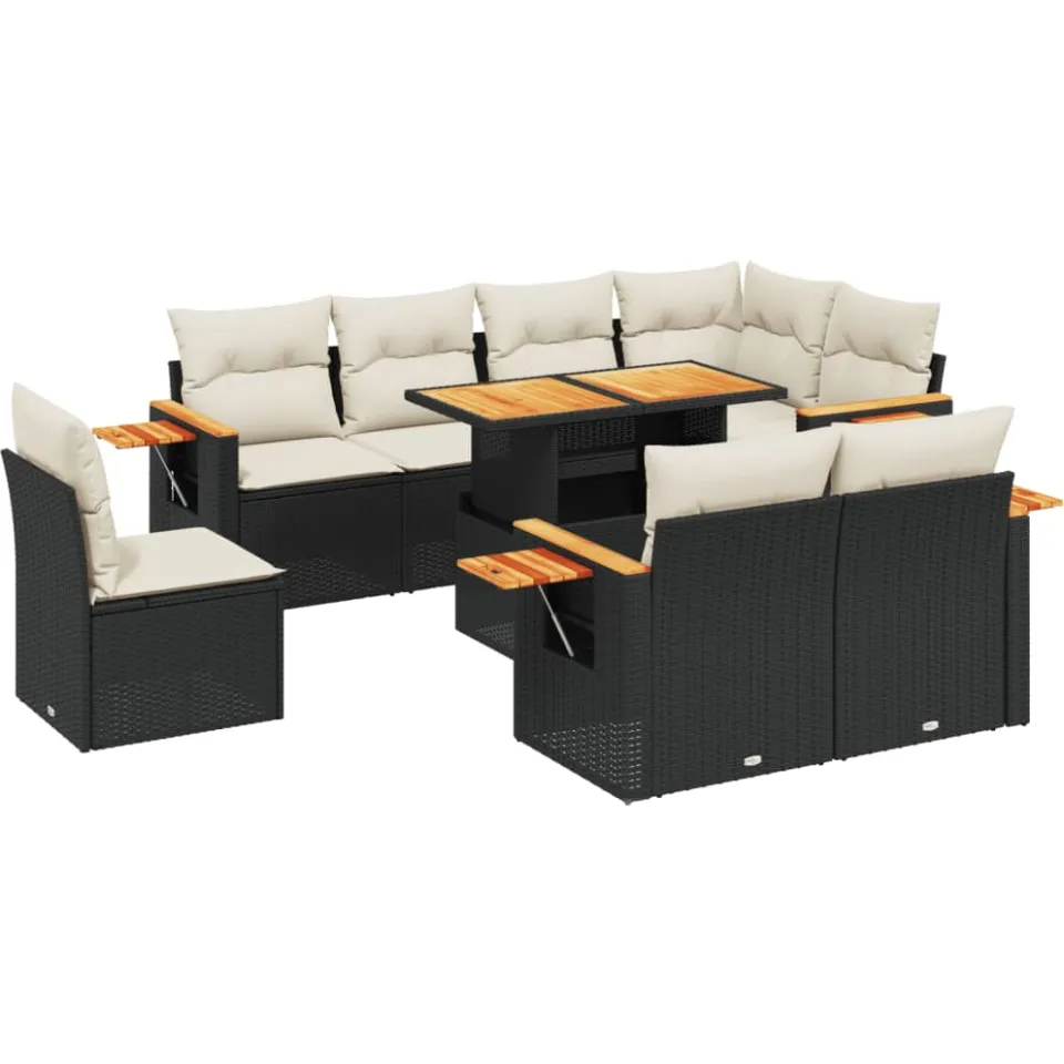 vidaXL 9-delige Loungeset met kussens poly rattan zwart