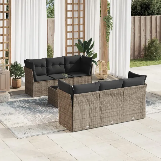 vidaXL 7-delige Loungeset met kussens poly rattan grijs, foto 2