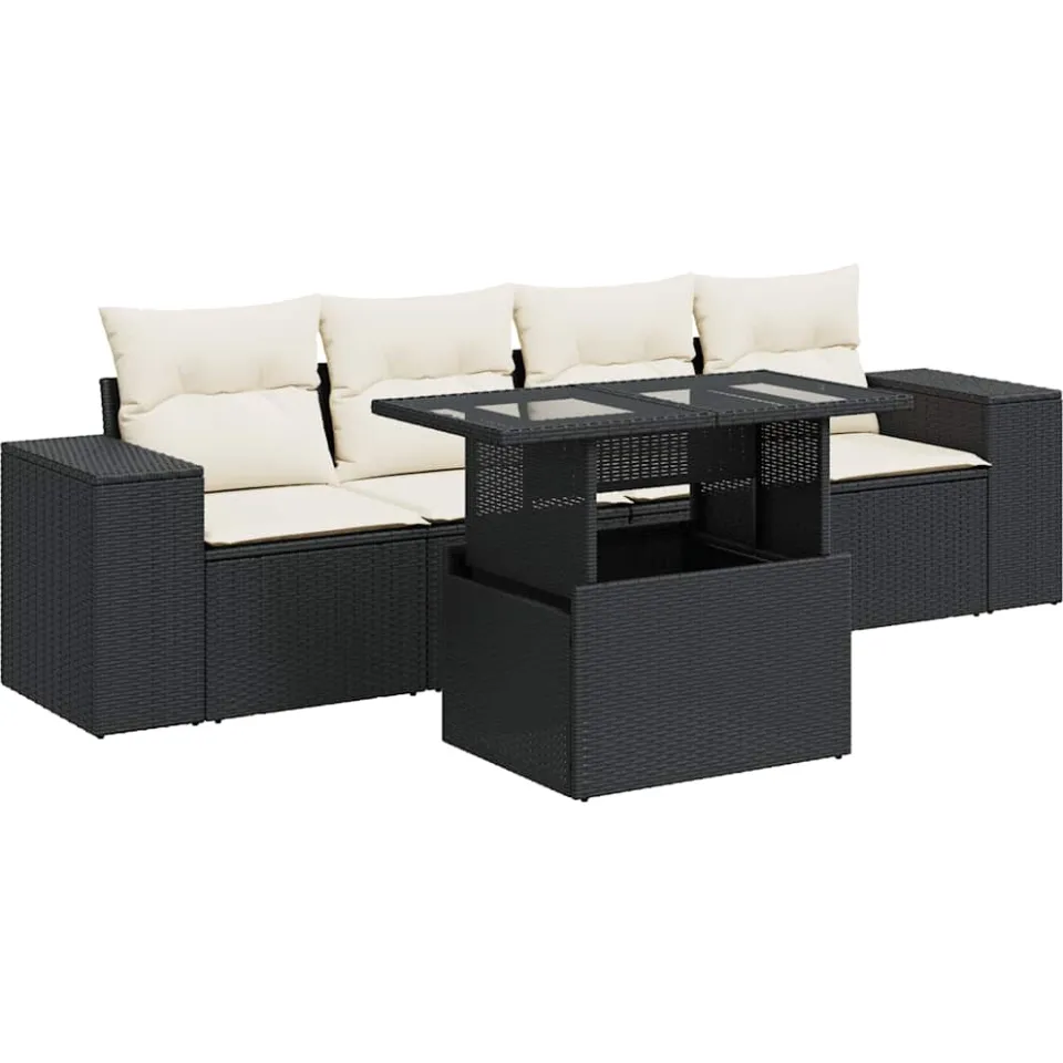 vidaXL 5-delige Loungeset met kussens poly rattan zwart, foto 3