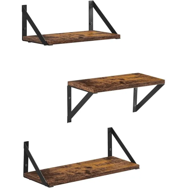 Klarven Wandplank Vintagebruin-Zwart - Wandplank Zwevend - Floating Shelf - Hoogglans Afwerking - Set van 3 - Inclusief Bevestigingsmateriaal - Metaal