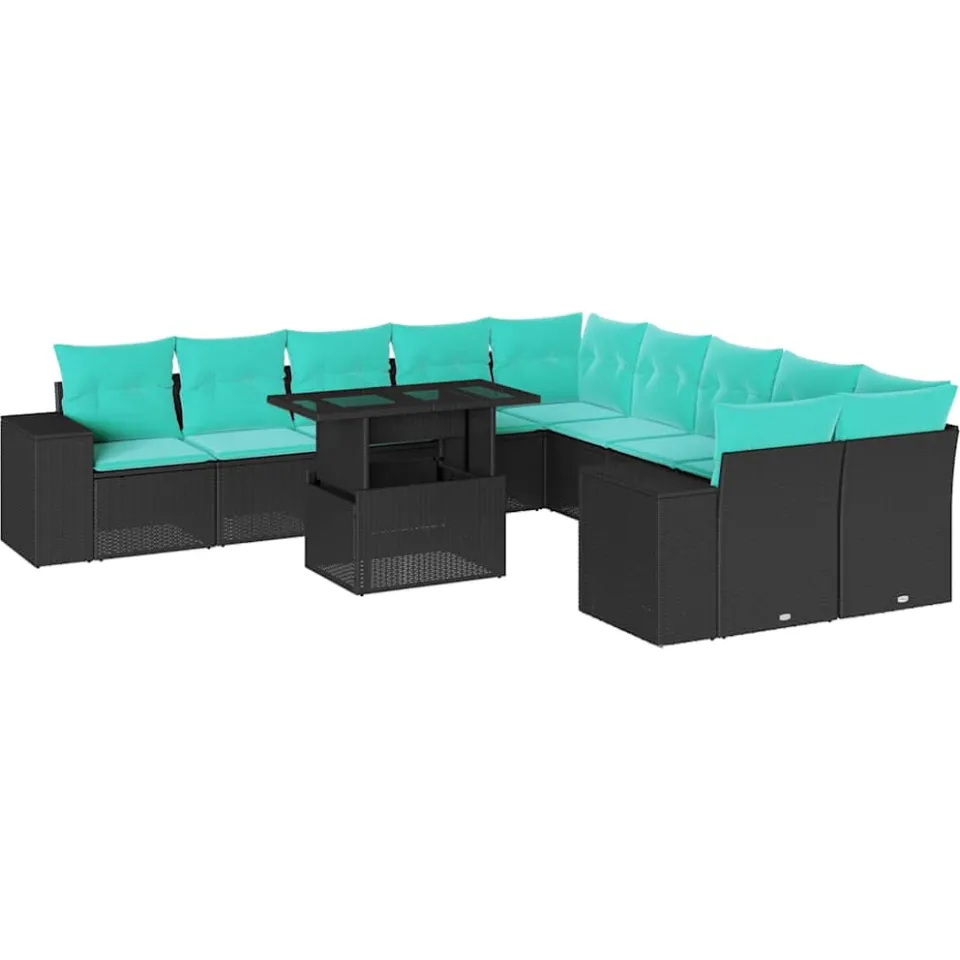 vidaXL 11-delige tuinbankset met kussens, zwart polyrotan, foto 4