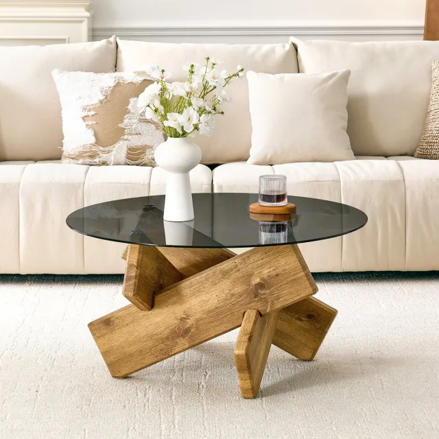 STILVORA Salontafel - Ronde Tafel Met Gehard Glazen Blad En Stabiele Houten Look Basis - Modern Voor Woonkamer - MDF En Glas - 79x79x45 Cm - Wood