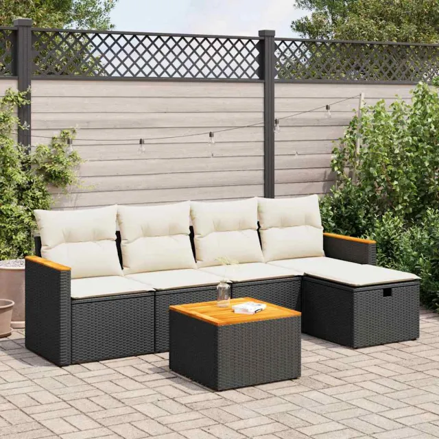 vidaXL 6-delige Loungeset met kussens poly rattan zwart, foto 2