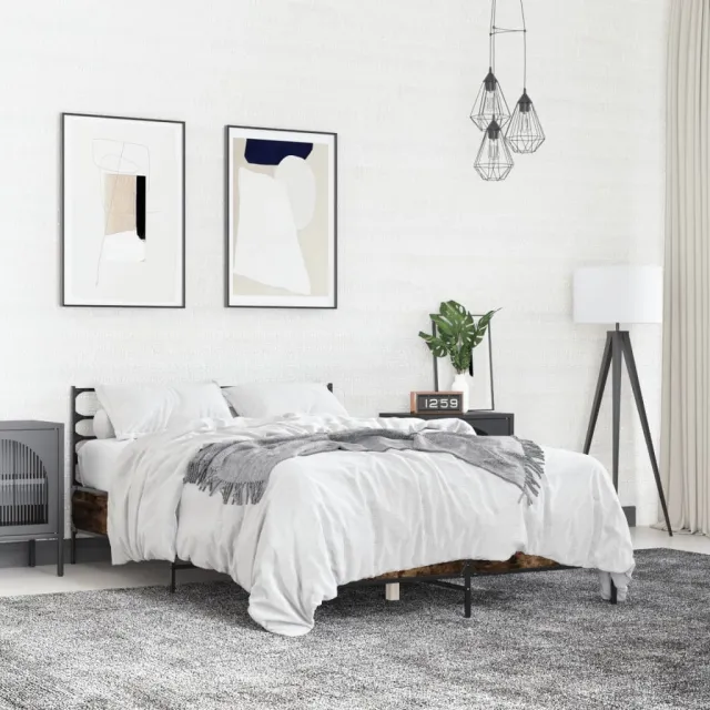 vidaXL Bedframe bewerkt hout metaal gerookt eikenkleurig 135x190 cm