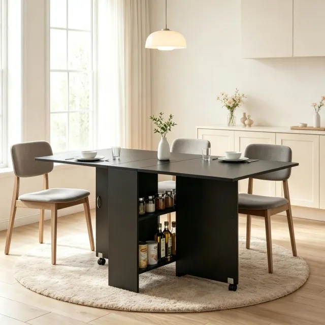 REDOM Eettafel - Uitschuifbaar en opklapbaar - Opbergruimte - Wielen met rem - Spaanplaat - Zwart - 75 x 140 x 74 cm