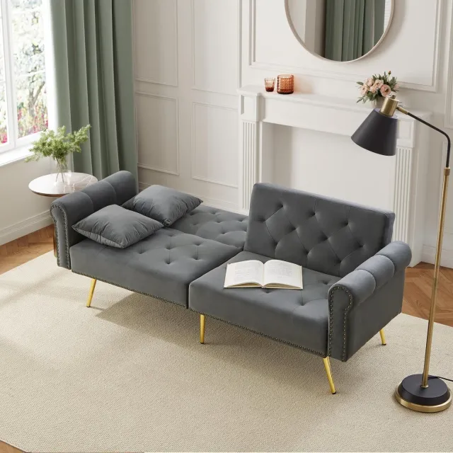 HAUSS SPOLE Slaapbank 2-Zits 147x85 Cm - 3-Standen Verstelbare Rugleuning - Voor Woonkamer En Logeerkamer - Fluweel - Antiekgrijs