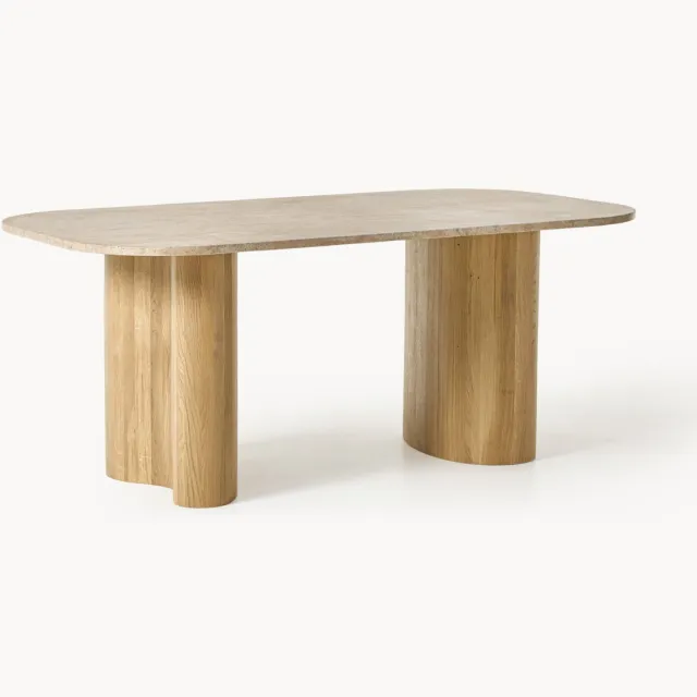 Westwing Collection Eettafel Canyon van eikenhout met travertijn blad, in verschillende formaten Beige