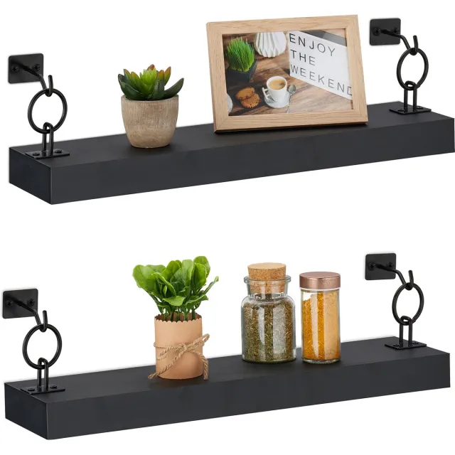 Relaxdays wandplank - set van 2 - 13x48x12 cm - zwevend - woonkamer - keuken - muurplank zwart