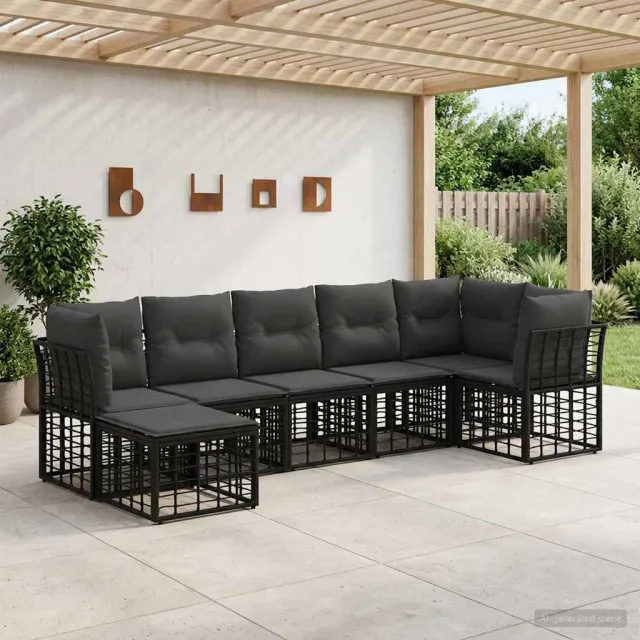 vidaXL Buiten bankenset 7 st 7-zits Zwart Polyester, foto 2