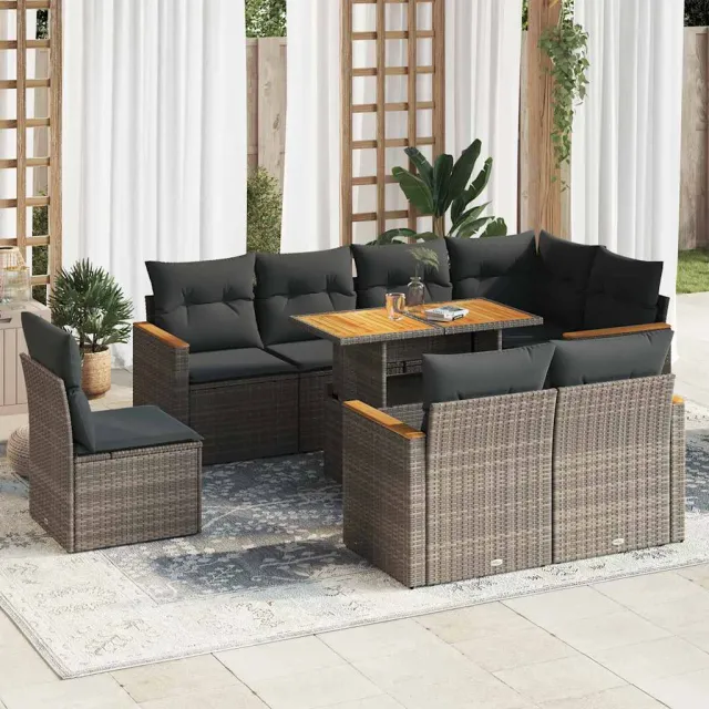 vidaXL 9-delige Loungeset met kussens poly rattan grijs