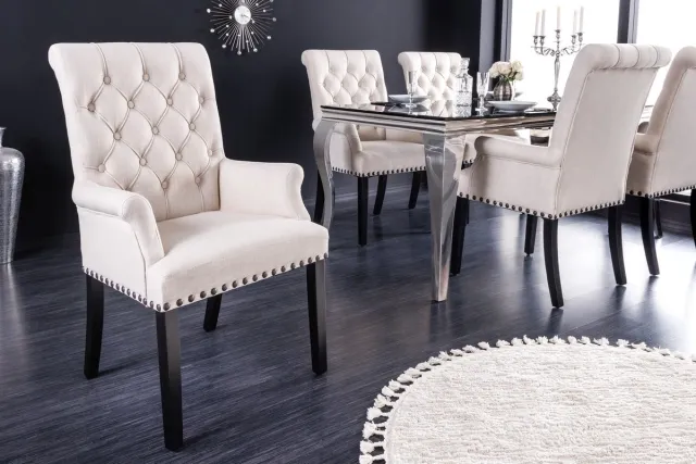 Invicta Interior Design Stoel CASTLE beige zwart Getextureerde stof Armleuningen Houten poten - 43216 Zie omschrijving