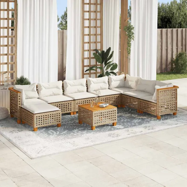 vidaXL 9-delige Loungeset met kussens poly rattan beige, foto 2