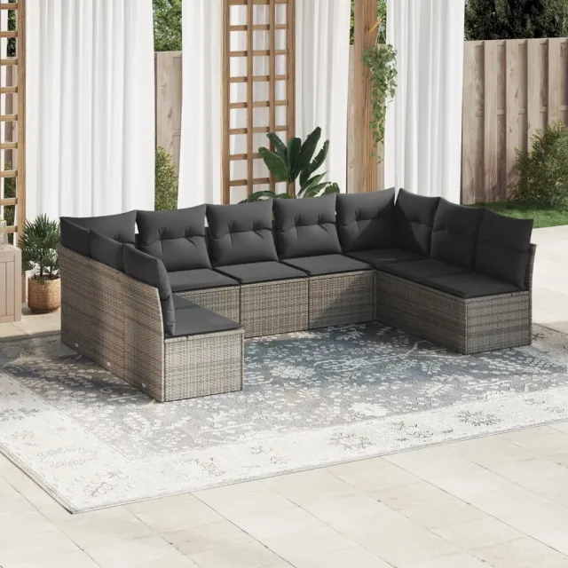 vidaXL 9-delige Loungeset met kussens poly rattan grijs, foto 2