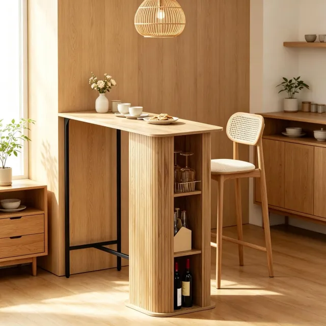 MODFU Bartafel Met Stopcontacten En 3 Opbergvakken - Houtlook Zwart - 112 X 50 X 106 Cm Eiken