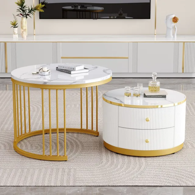 Wishdor Set van 2 Salontafels 60*60*45.5 cm + 50*50*32 cm, MDF wit, hoogglans marmerlook, nesttafels met 2 lades