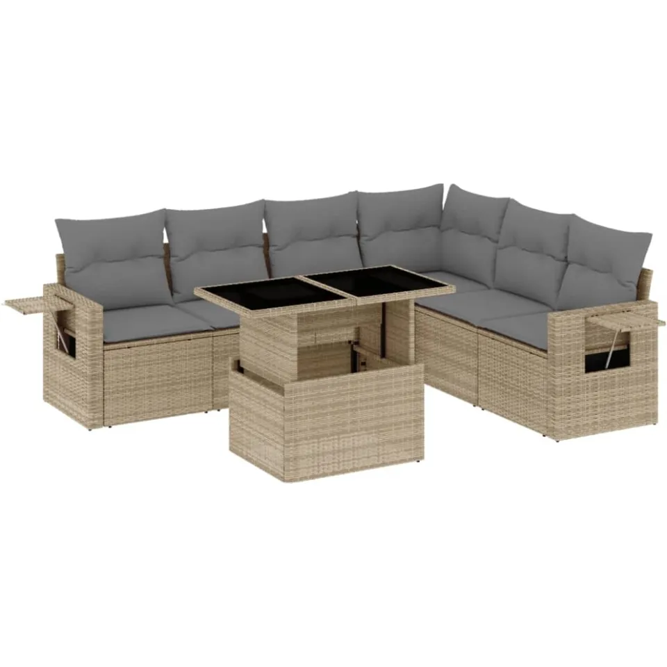 vidaXL 7-delige Loungeset met kussens poly rattan beige, foto 3