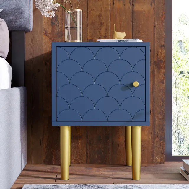 WUVRIE Nachtkastje 35x35x51 cm - Deur met visgraatpatroon en metalen poten - Marineblauw