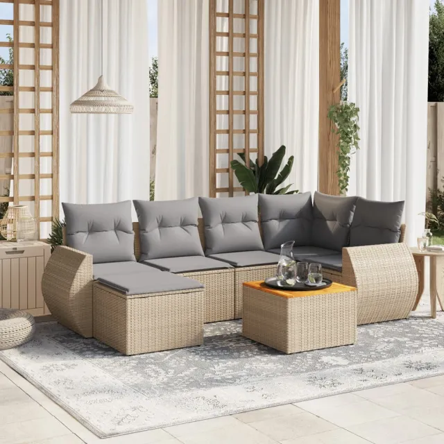 vidaXL 7-delige Loungeset met kussens poly rattan beige, foto 2
