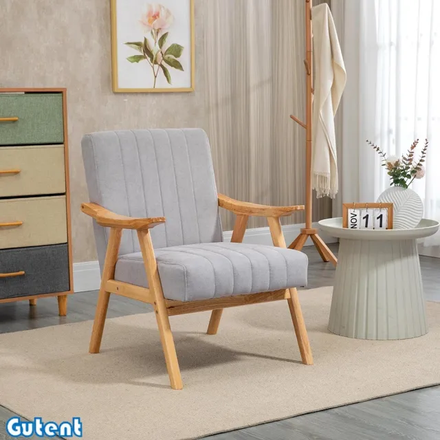 Gutent Fauteuil - 120 kg - Fluweellook - Massief hout - 68 cm x 74 cm x 82 cm - Natuurlijk + Grijs