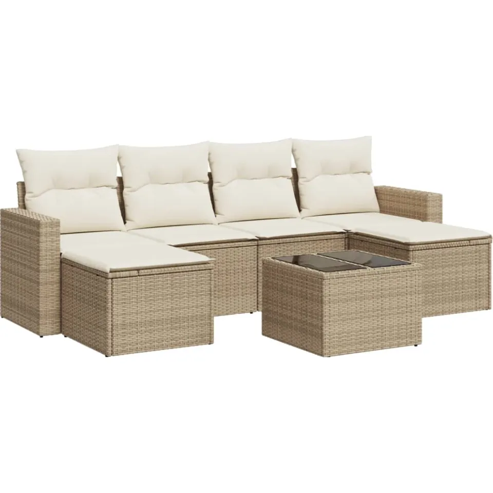 vidaXL 7-delige Loungeset met kussens poly rattan beige, foto 3
