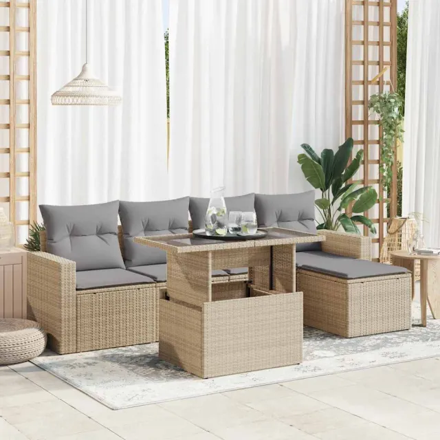 vidaXL 6-delige Loungeset met kussens poly rattan beige, foto 2